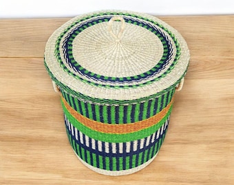 Boho Woven Hamper with Lid – Handmade Elephant Grass Laundry Basket