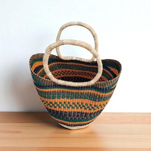 Handwoven Bolga Market Basket – African Shopping Tote, Colorful Straw Basket, Eco-Friendly Farmers Market Bag, Boho Storage Basket