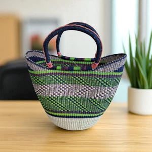 Purple & Green Bolga Basket – Handwoven Ghana Market Bag | Eco-Friendly African Tote | Handmade Straw Basket for Shopping , Home Storage