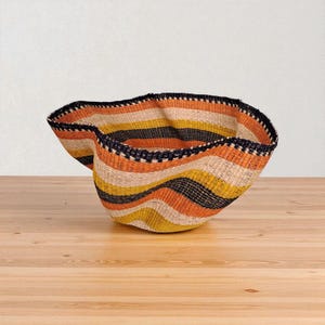Striped Bolga Bowl Basket, Handmade African Woven Storage in Sunset Colors, Decorative Fruit or Yarn Basket