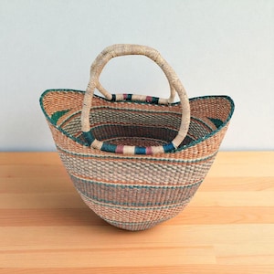 Multicolor Bolga Basket Tote/Handwoven Ghana Market Basket with Natural Straw and Colorful Stripes/African Elephant Grass Storage organizer