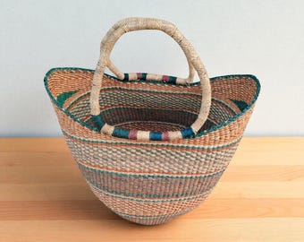 Handwoven Bolga Basket Tote, Colorful African Market Basket