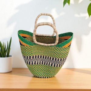 Green Bolga Basket – Handwoven Ghana Market Bag | Large African Shopping Tote | Natural Straw Basket for Storage, Gifts & Farmers Market