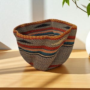 Handwoven Bowl Basket – African Decorative Storage with Earthy Brown and Teal Stripes – Handmade Woven Fruit or Yarn Basket