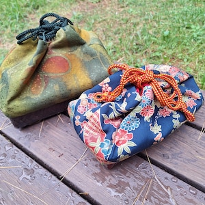 Vintage Japanese Kimono Kinchaku Bag, with basket bottom, used antique made of silk kimono fabric