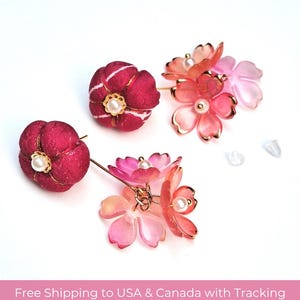 Kimono Fabric Plum Blossom Earrings: Upcycled Japanese Silk Sakura Dangle Studs, Japanese Floral Jewelry
