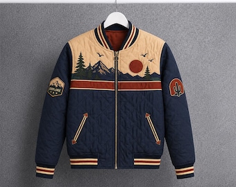 Blue Quilted Satin Bomber Jacket, Retro 70s Inspired Mountain Landscape Puffer Lightweight Unisex Jacket