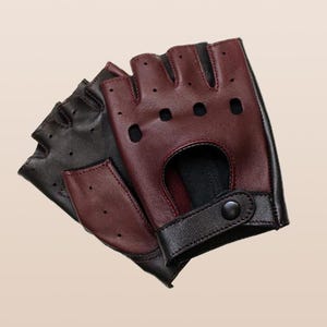 Burgundy Black Fingerless Driving Gloves for Men – Handmade Soft Luxury Leather Car & Cycling Gloves