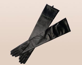 Women’s Long Black Leather Opera Gloves | Lambskin Evening Party Gloves