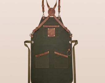 Personalized Canvas Work Apron – Leather Straps, Pockets, Towel Ring – Chef, BBQ, Barista Gift