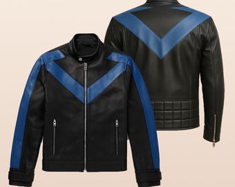 Handmade Black and Blue Leather Motorcycle jacket | Men’s Biker Jackets | Custom Moto Coat