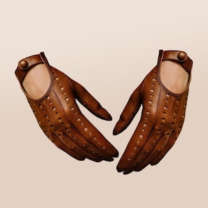 Women&#39;s Leather Driving Gloves Saddle Brown – Soft Genuine Leather Gloves for Women, Car Gloves, Vintage Gift for Her