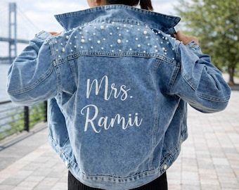 Embroidered Bride Denim Jacket, Custom Future Mrs. Pearl Embellished Jean Jacket