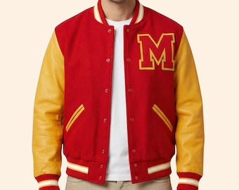 Handmade Red & Yellow Varsity Jacket – Vintage Pop Music Inspired Letterman Style