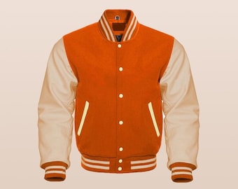 New Varsity Letterman Orange Wool Bomber with Cream Leather Sleeves Baseball Bomber Jacket