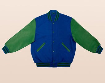Royal Blue & Green Varsity Jacket | Custom Unisex Letterman Bomber | Personalized Wool Leather College Jacket