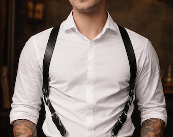Men’s Leather Fashion Harness – Adjustable Suspender Style Chest Harness for Weddings, Rave,  Festivals & Events