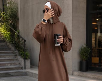 Modest Hoodie Maxi Dress, Muslim Hooded Abaya, Hijab Friendly Outfit, Loose Fit  with Pockets