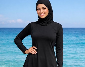 Black Burkini Swim Set, Modest Swimwear, Long Sleeve Swimsuit,  Beach Outfit, Islamic Swimwear Girls