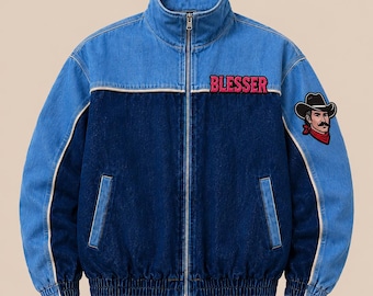 Custom Cowboy Embroidered Denim Jacket, Western Streetwear Coat, Vintage Blue Zip Up Jacket