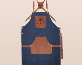 Canvas Apron with Leather Pockets – Custom Name Adjustable Work Apron for BBQ, Barista, Woodworking