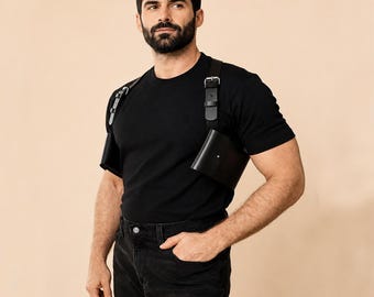 Genuine Leather Phone Holster & Wallet Pouch for Men | Black Belt Bag | Fanny Pack Alternative