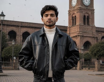 Handmade 90s Retro Black Sheepskin Leather Bomber Jacket | Men's Classic Aviator Style