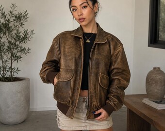 Distressed Brown Leather Bomber Jacket, Oversized Aviator Flight Coat, 90s Retro Style