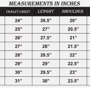 May include: A size chart with measurements in inches for clothing sizes S to 5XL. The chart includes measurements for half chest, length, shoulder, and sleeve. The text "MEASUREMENTS IN INCHES" is at the top.