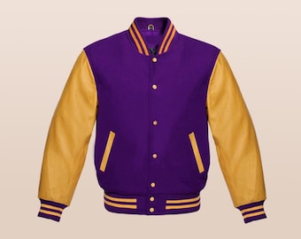 Retro Varsity Bomber Jacket | Purple Wool & Gold Leather Sleeves
