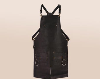 Handmade Full Grain Black Leather Split Leg Apron: BBQ, Butcher, Barber
