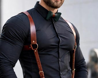 Handmade Leather Shoulder Harness for Men, Adjustable Brown Suspenders, Chest Harness Belt Straps