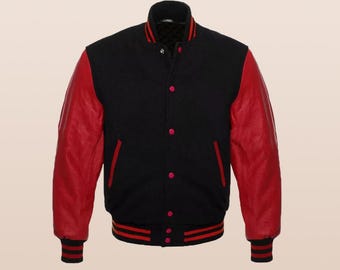 Nueva chaqueta bomber de béisbol Varsity Letterman con cuerpo de lana negra y mangas de cuero genuino rojo