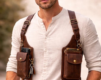 Men’s Leather Shoulder Harness Bag – Adjustable Chest Holster Vest, Vintage Leather Crossbody Utility Pouch