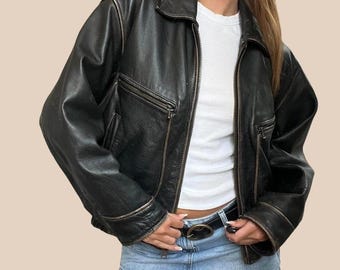 Vintage Black Sheepskin Leather Jacket Women | Oversized Bomber Jacket | Classic 90s Style Winter Coat