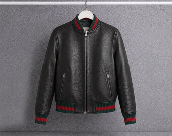 Men's Genuine Black Leather Jacket with Red Green Striped Rib  | Italian Inspired Bomber Jacket
