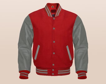 GRAY & RED Letterman Baseball Bomber Varsity Jacket | Premium Red