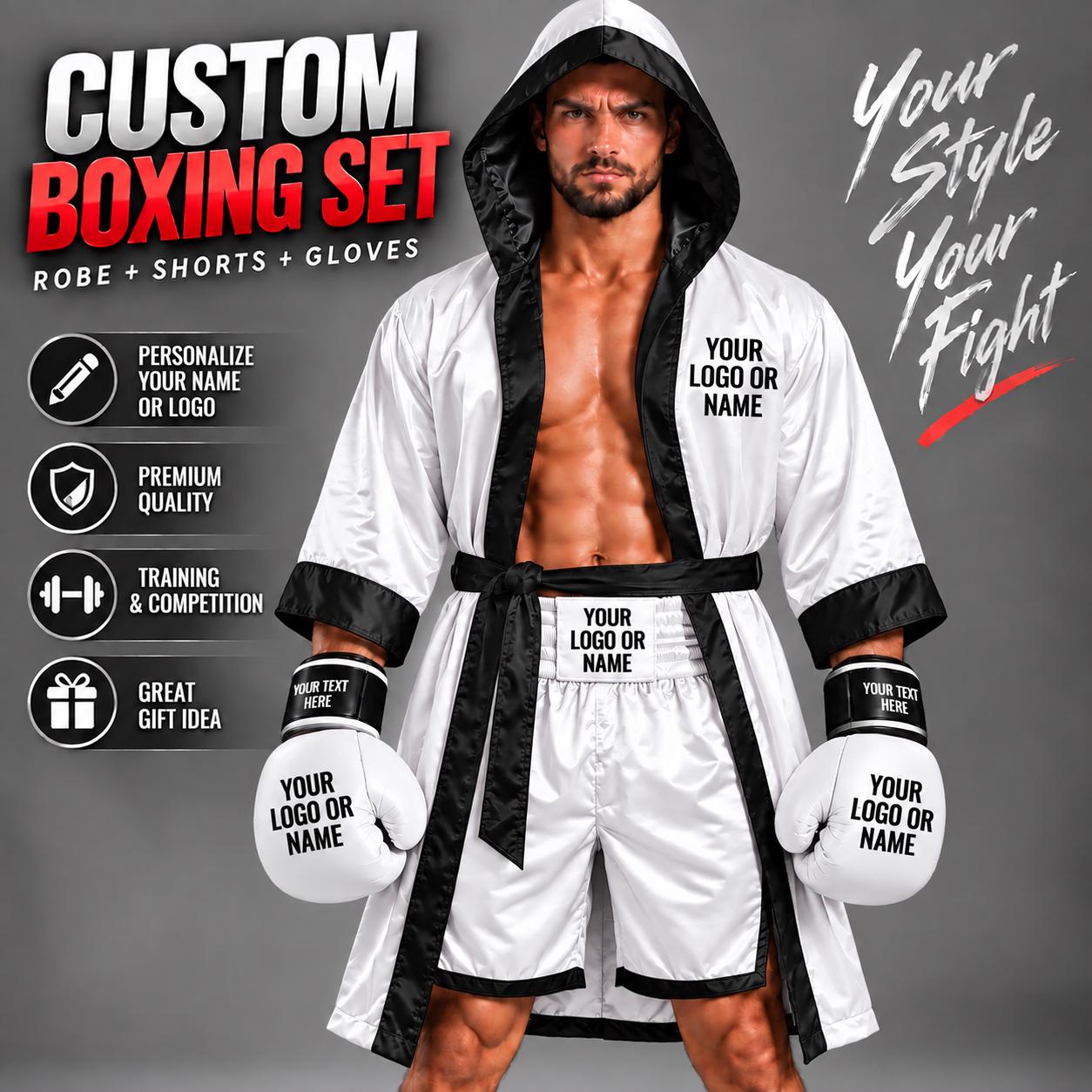 Custom Boxing Robe, Shorts, Gloves Personalized Name & Logo