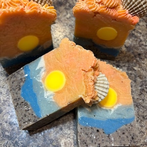 Sunset Artisan Soap: Pink Beaches Scent, Coffee Grounds, Seashell Embed