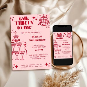 30th Birthday Invite Talk Thirty To Me Women Party Invitation Template, Pink and Red Retro Vintage, Dirty Thirty, Instant Download