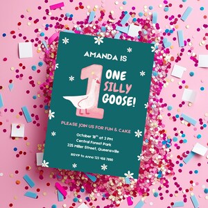 One Silly Goose Birthday Invitation, 1st Birthday Girl Pink Invite Printable, Goose 1st Birthday, Goose Invitation Template