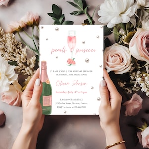 Plantilla para despedida de soltera con perlas y prosecco, invitación con perlas y prosecco, invitación para despedida de soltera, invitación para despedida de soltera con prosecco y champán