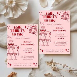 30th Birthday Invite Talk Thirty To Me Women Party Invitation Template, Pink and Red Retro Vintage, Dirty Thirty, Instant Download