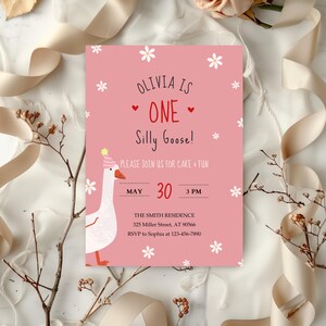 One Silly Goose Birthday Invitation, 1st Birthday Girl Pink Invite Printable, Goose 1st Birthday, Goose Invitation Template