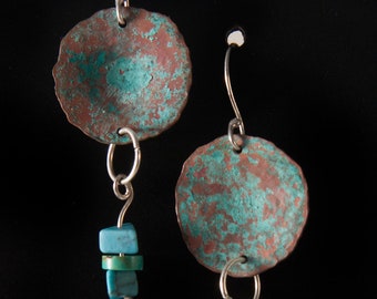 oxidized copper dangle earrings with silver and turquoise beads