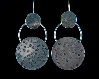 Sterling silver earrings, 2 round hammered discs, wire circle
