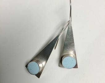 Triangle sterling silver earrings with aqua colored resin