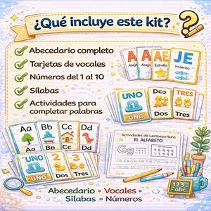 May include: Educational kit with colourful flashcards and worksheets. Includes an alphabet, vowel cards, numbers 1-10, syllables, and word completion activities. The text "&iquest;Qu&eacute; incluye este kit?" is at the top.