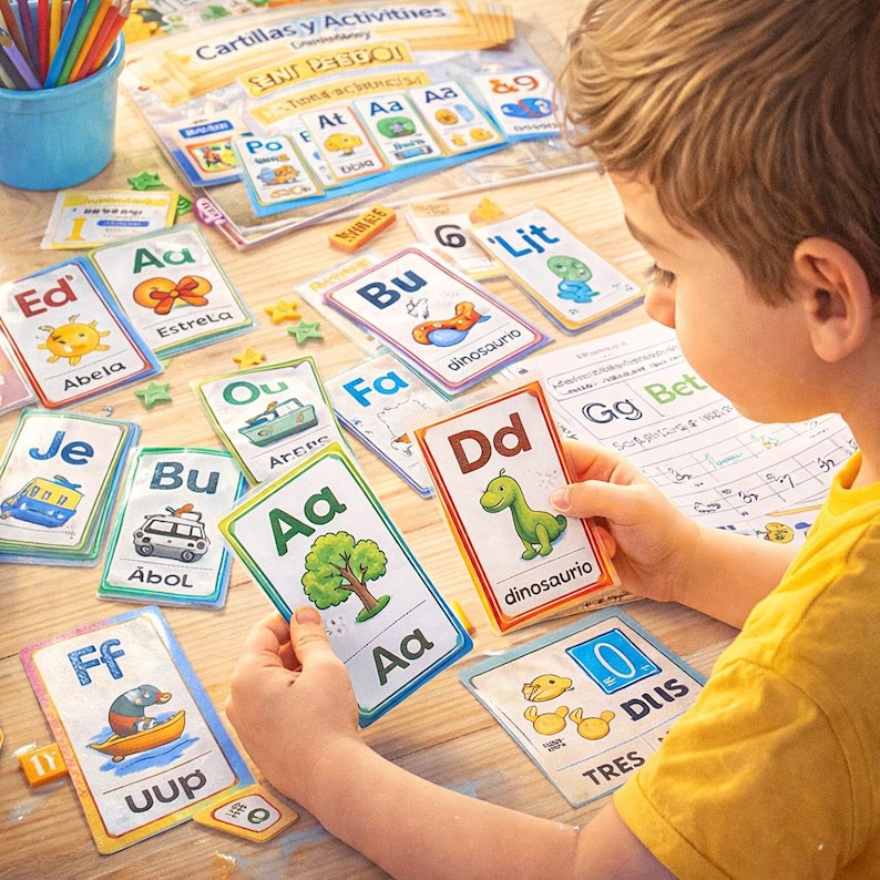 May include: A child is looking at flashcards with colourful illustrations and Spanish words. The cards feature letters, animals, and objects. Educational materials, including a worksheet and pencils, are scattered on a wooden table.