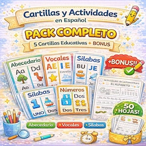 May include: A Spanish educational pack with flashcards for the alphabet, vowels, syllables, and numbers. Includes bonus materials and activities for learning. The pack is designed for children and includes a pencil, magnifying glass, and clock.